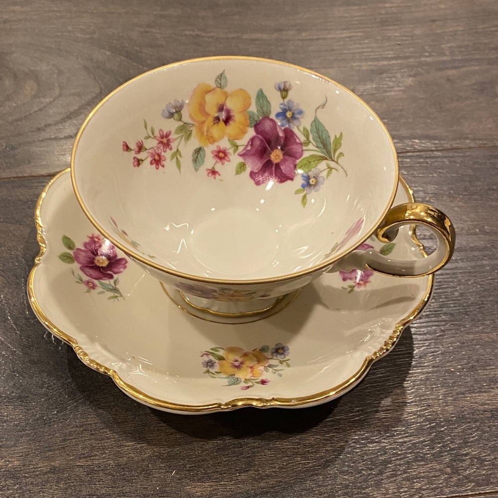 Floral Teacup and Saucer Set with Gold Trim